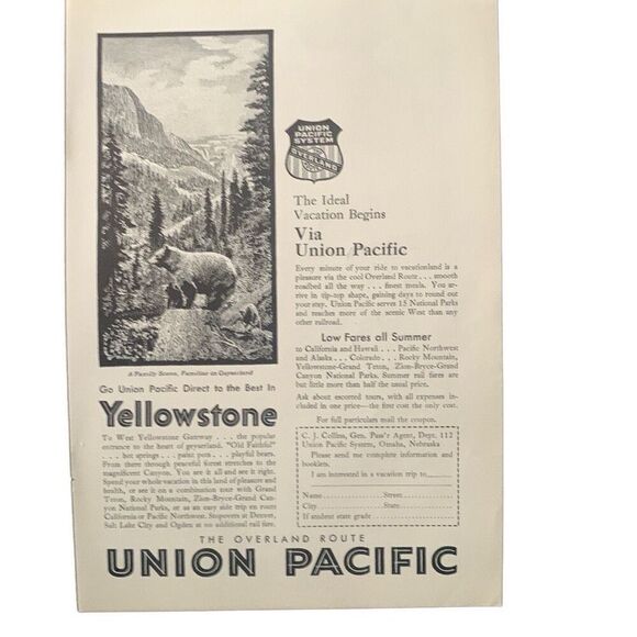 Vintage 1930 Union Pacific Rail Yellowstone Ad Advertisement - Picture 2 of 5